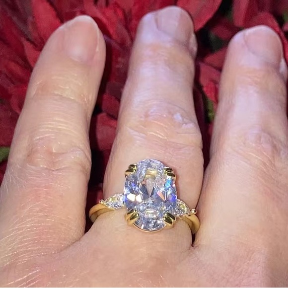 New Luxury Yellow Gold Plated Oval Diamond Ring - Picture 8 of 16